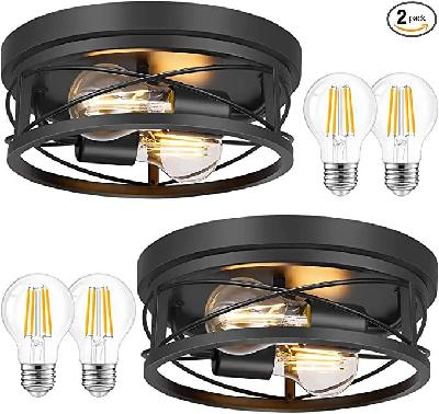 Feanron Farmhouse 2-Light Black Flush Mount Ceiling Light Fixtures, Industrial Vintage Metal Cage Closed to Ceiling Mount Lamp for Hallway Kitchen Bedroom 2 Pack, A19 LED Bulbs Included
