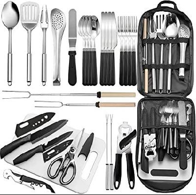 Portable Camping Kitchen Utensil Set-27 Piece Cookware Kit, Stainless Steel Outdoor Cooking and Grilling Utensil Organizer Travel Set Perfect for Travel, Picnics, RVs, Camping, BBQs, Parties and More