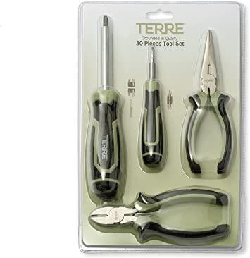 Terre Products, 30 Piece General Purpose Tool Set, Screwdriver, Long Nose Pliers, Diagonal Cutting Pliers, General Household Hand Tool Kit, Starter Set, Home Improvement, Dorm Room, Office, Travel