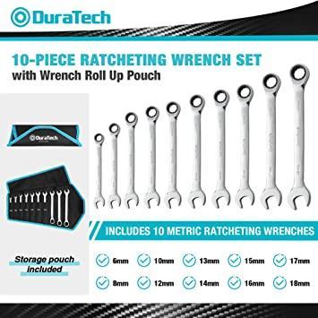 DURATECH Ratcheting Combination Wrench Set, Metric, 10-piece, 6-18mm , CR-V Steel, with Carrying Bag
