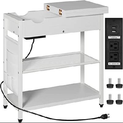 wwawwo Flip Top Side Table with Charging Station, Narrow End Table with USB Ports and Outlets, Farmhouse Nightstand Sofa Table with Storage and Fabric Bags, White Finish
