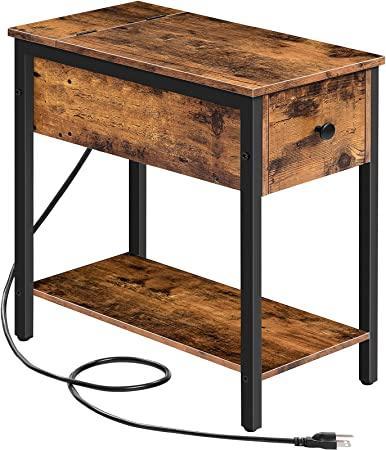 HOOBRO Side Table with Charging Station, Narrow Nightstand with Drawer & USB Ports & Power Outlets, End Table for Small Spaces, in Living Room, Bedroom, Wood Look Accent Table, Rustic Brown BF041BZ01